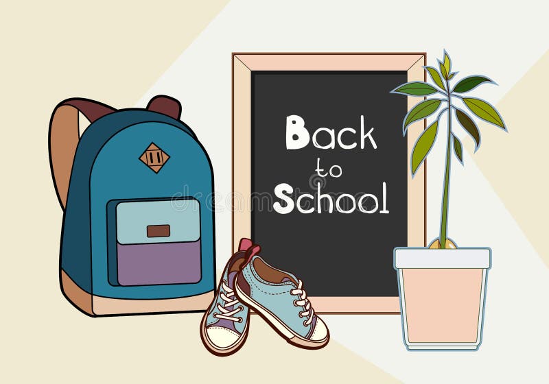 De nuevo al ejemplo del vector de las letras de la escuela La mochila, la pizarra, las zapatillas de deporte y el vector de la pl libre illustration De nuevo al ejemplo del vector de las letras de la escuela La mochila, la pizarra, las zapatillas de deporte y el vector de la pl libre illustration