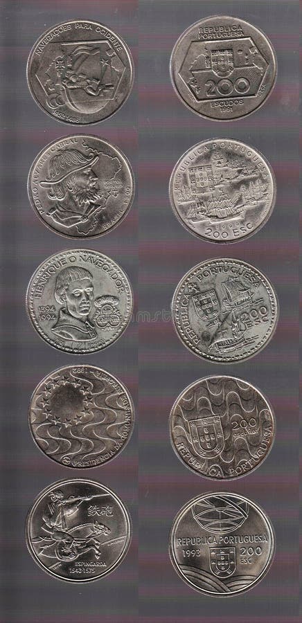 De obvers en het omgekeerde van een inzameling van Portugese muntstukken 200 escudo's stock illustratie De obvers en het omgekeerde van een inzameling van Portugese muntstukken 200 escudo's stock illustratie