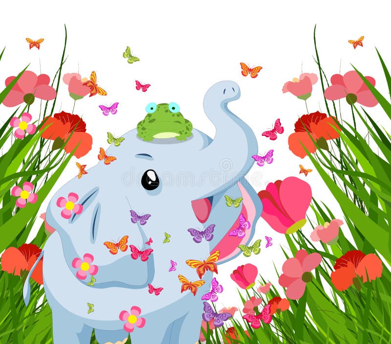 De olifant, de kikker en de vlinders stemmen in met de lente royalty-vrije illustratie De olifant, de kikker en de vlinders stemmen in met de lente royalty-vrije illustratie