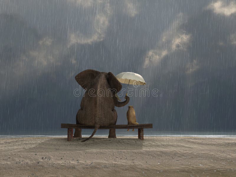 De olifant en de hond zitten onder de regen vector illustratie De olifant en de hond zitten onder de regen vector illustratie