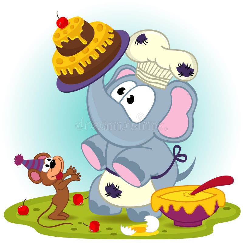 De olifantschef-kok bereidt cake voor muis voor vector illustratie De olifantschef-kok bereidt cake voor muis voor vector illustratie