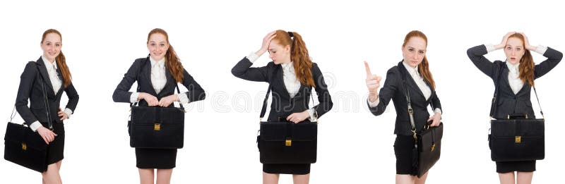 De onderneemster met handtas op wit wordt ge?soleerd dat royalty-vrije stock foto De onderneemster met handtas op wit wordt ge?soleerd dat royalty-vrije stock foto