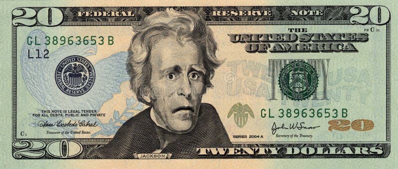 I fearful expression on a twenty dollar bill. I fearful expression on a twenty dollar bill.