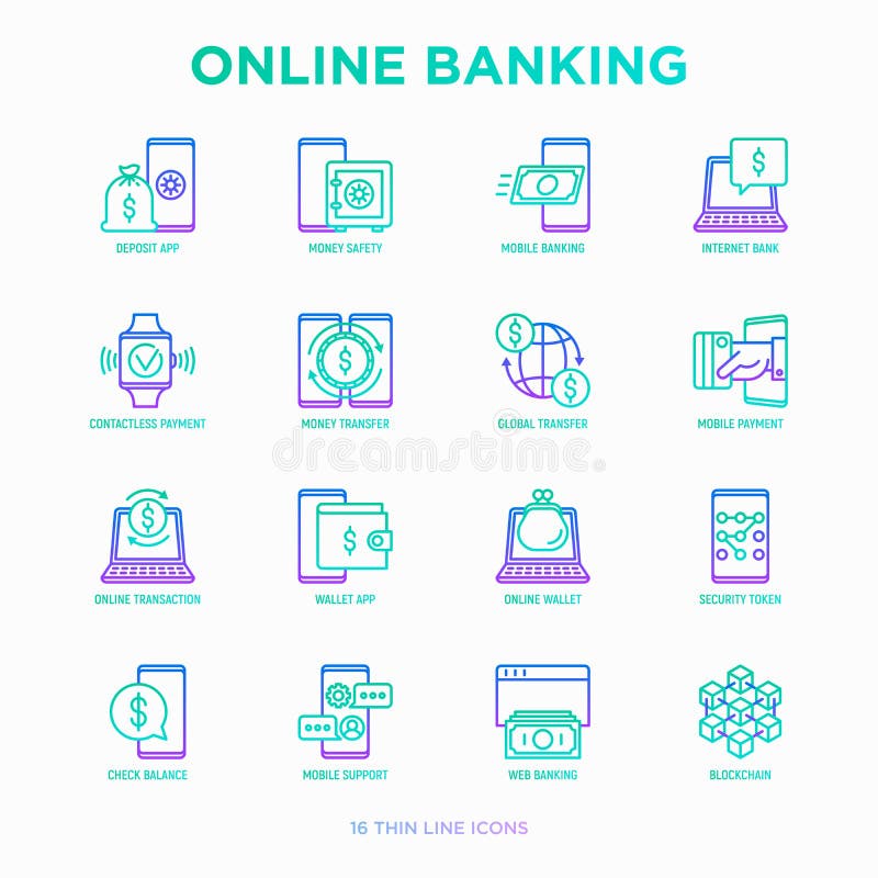 De online bankieren verdunnen geplaatste lijnpictogrammen: storting app, geldveiligheid, Internet-bank, betaling zonder contact