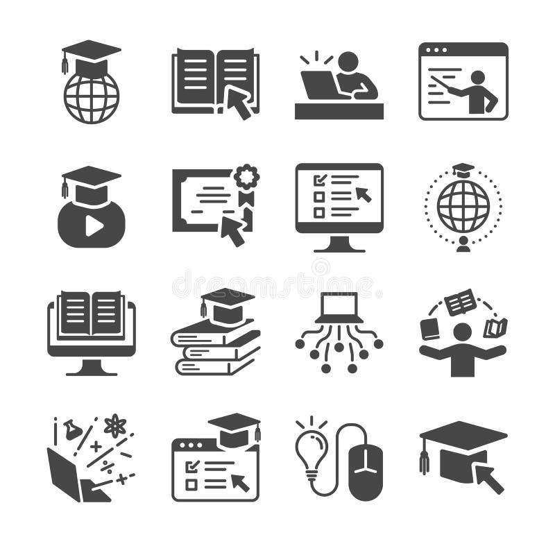 De online reeks van het onderwijspictogram Omvatte de pictogrammen zoals een diploma behaald, boeken, student, cursus, school en