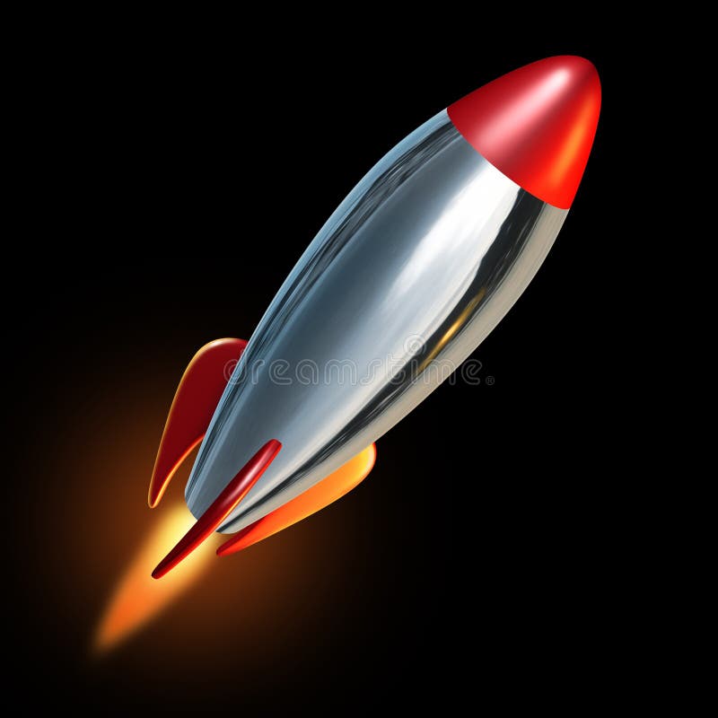 Rocket blast off into black space with a flame propelling the metal missile upward and beyond to explore new opportunities. Rocket blast off into black space with a flame propelling the metal missile upward and beyond to explore new opportunities.