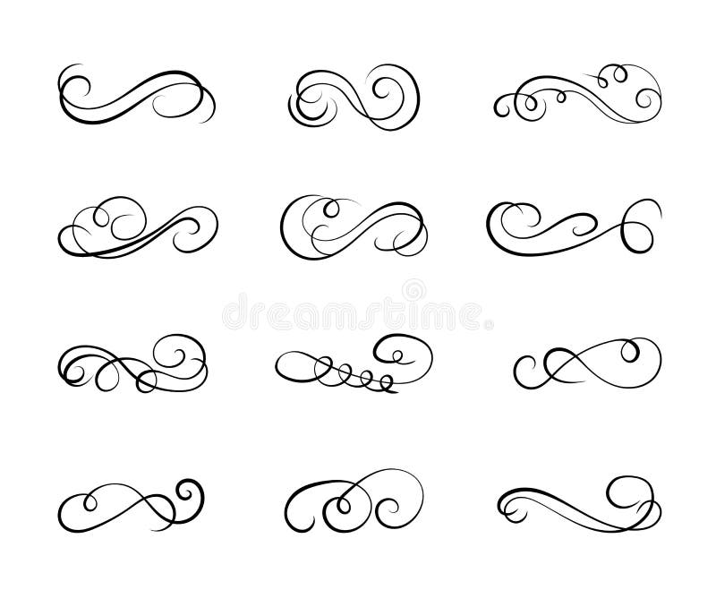 De ontwerpelementen plaatsen: scrolt en wervelt, VECTORinzameling van getrokken kalligrafische die swirly lijnen op wit worden ge vector illustratie De ontwerpelementen plaatsen: scrolt en wervelt, VECTORinzameling van getrokken kalligrafische die swirly lijnen op wit worden ge vector illustratie