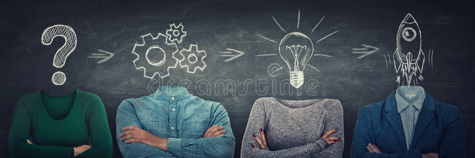 De oplossing van de probleemanalyse en projectconcept als surreal anonieme groep mensen met symbolen in plaats daarvan hoofd Team De oplossing van de probleemanalyse en projectconcept als surreal anonieme groep mensen met symbolen in plaats daarvan hoofd Team