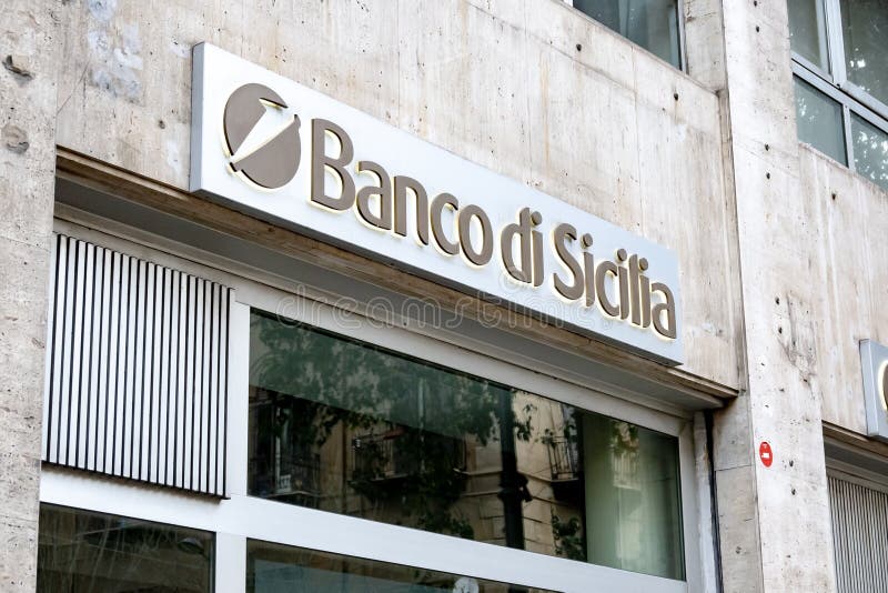 PALERMO, SICILY - FEBRUARY 8, 2020: The storefront of the Banco di Sicilia bank in Palermo which provides financial services to customers. PALERMO, SICILY - FEBRUARY 8, 2020: The storefront of the Banco di Sicilia bank in Palermo which provides financial services to customers