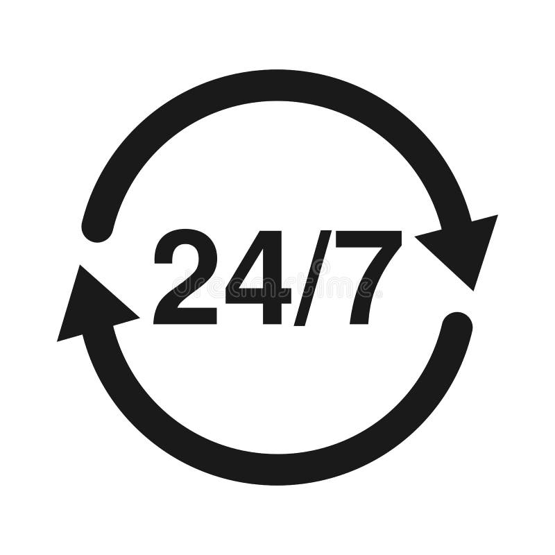 24 7 de ore de funcționare deschise 24 de ore pe zi și 7 zile pe săptămână. ilustrare simplă în negru. vector illustration