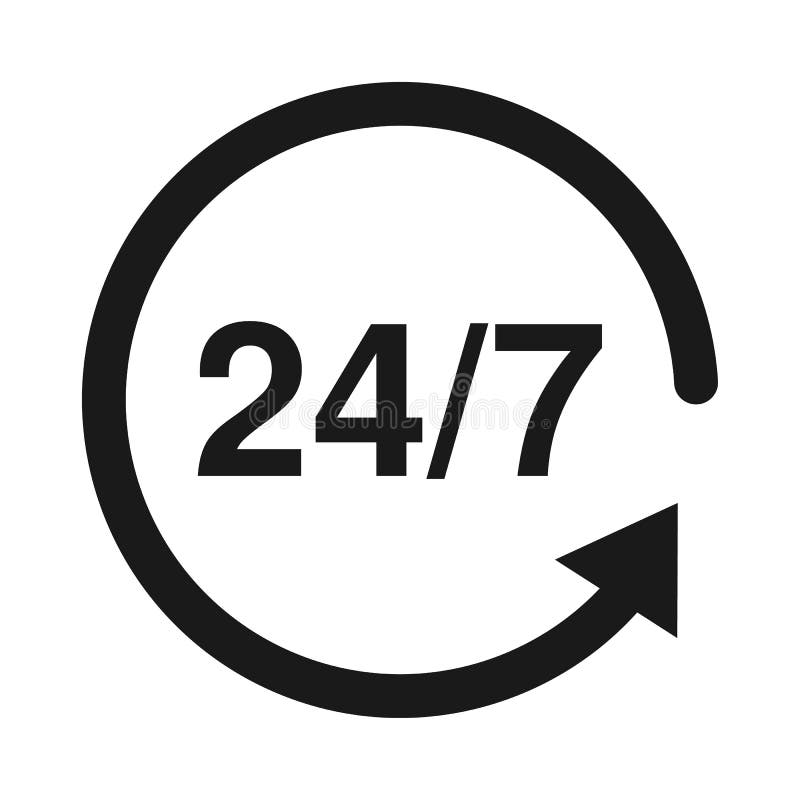 24 7 de ore de funcționare deschise 24 de ore pe zi și 7 zile pe săptămână. ilustrare vectorială izolată plată în negru. vector illustration
