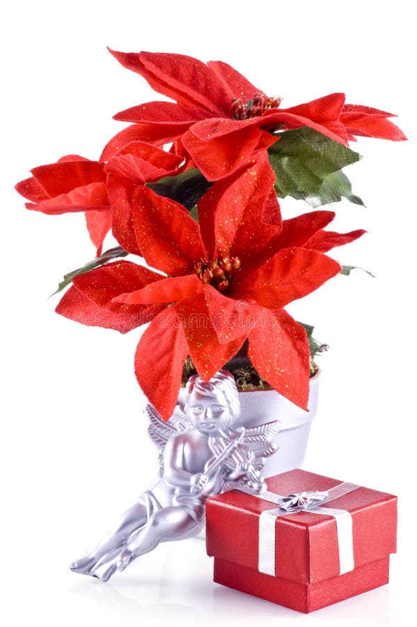 Red poinsettia, a silver angel and a red little christmas present, isolated on white. Red poinsettia, a silver angel and a red little christmas present, isolated on white.