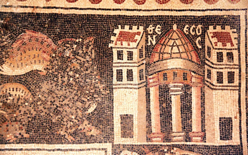De oude byzantijnse mozaïeken van de natuursteentegel, Umm AR-Rasas, Jord stock foto De oude byzantijnse mozaïeken van de natuursteentegel, Umm AR-Rasas, Jord stock foto