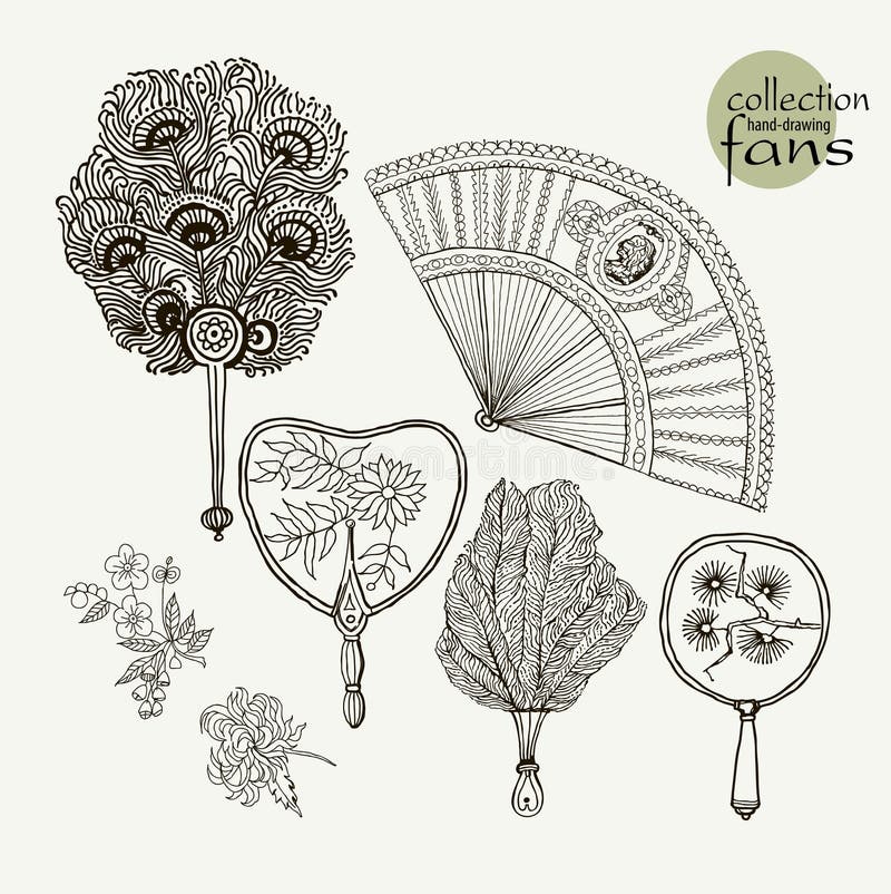 De oude ventilators van inzamelingsvrouwen Vectorillustratieschets op document achtergrond royalty-vrije illustratie De oude ventilators van inzamelingsvrouwen Vectorillustratieschets op document achtergrond royalty-vrije illustratie