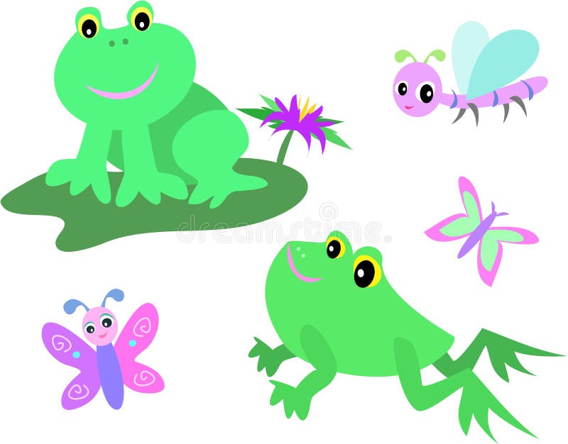 Here is a collection of Pond Animals including green frogs, water lily, dragonfly with wings, and two butterflies. Here is a collection of Pond Animals including green frogs, water lily, dragonfly with wings, and two butterflies.