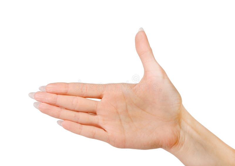 Vrouwenhand met handpalmgebaar geïsoleerd op wit stock afbeeldingen