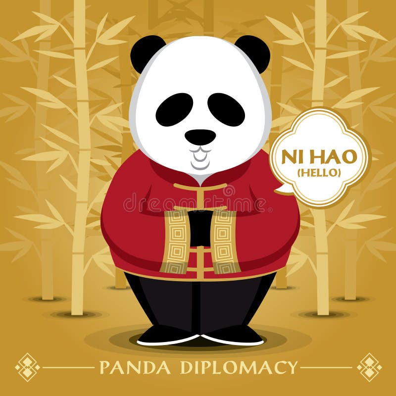 De panda draagt traditioneel kostuum en zegt hello in Chinese taal