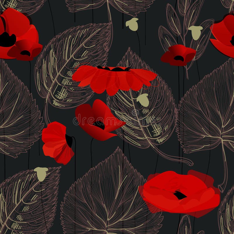 Poppy flowers and leaf seamless pattern over black. Poppy flowers and leaf seamless pattern over black