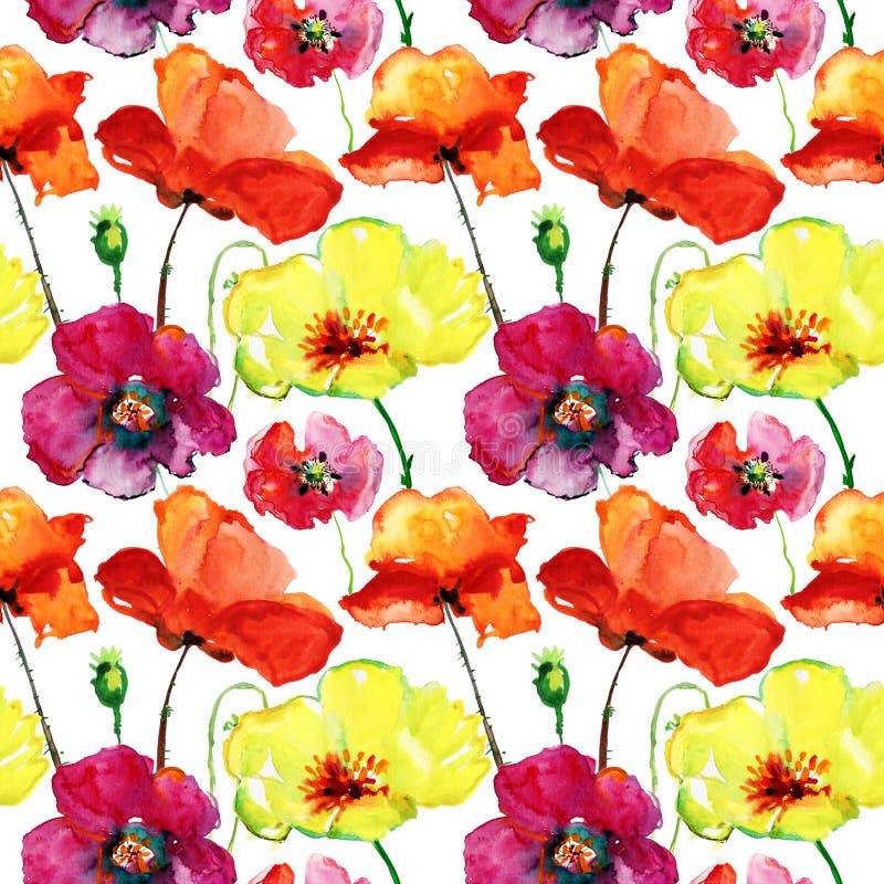 Stylized Poppy flowers illustration, seamless pattern. Stylized Poppy flowers illustration, seamless pattern