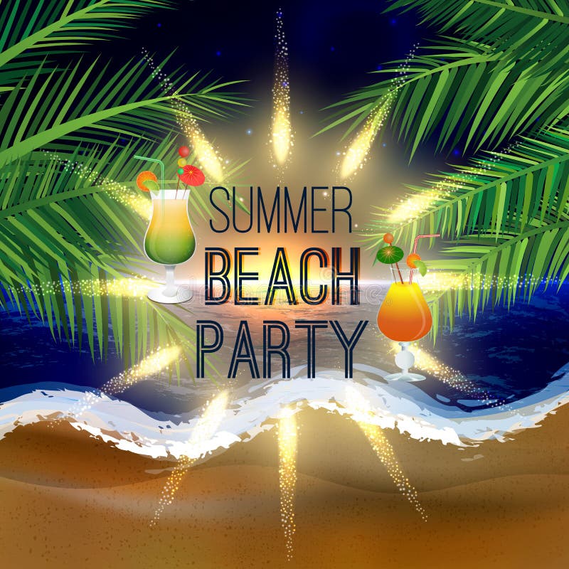 De partijachtergrond van het de zomerstrand met palmbladen en ijzige cocktailglazen royalty-vrije illustratie De partijachtergrond van het de zomerstrand met palmbladen en ijzige cocktailglazen royalty-vrije illustratie