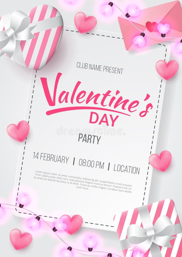 De de partijachtergrond van de valentijnskaartendag met Hart vormde, liefdebrief, gift en liefde gevormde lamp royalty-vrije illustratie De de partijachtergrond van de valentijnskaartendag met Hart vormde, liefdebrief, gift en liefde gevormde lamp royalty-vrije illustratie