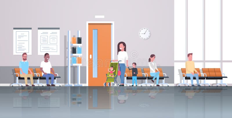 De patiënten die van het mengelingsras in lijn wachten vormen aan het overleg en de diagnose de medische kliniek van het gezondhe royalty-vrije illustratie De patiënten die van het mengelingsras in lijn wachten vormen aan het overleg en de diagnose de medische kliniek van het gezondhe royalty-vrije illustratie