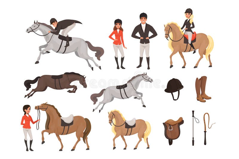 Cartoon jockey icons set with professional equipment for horse riding. Woman and man in special uniform with helmet. Equestrian sport concept. Flat vector illustration isolated on white background. Cartoon jockey icons set with professional equipment for horse riding. Woman and man in special uniform with helmet. Equestrian sport concept. Flat vector illustration isolated on white background.