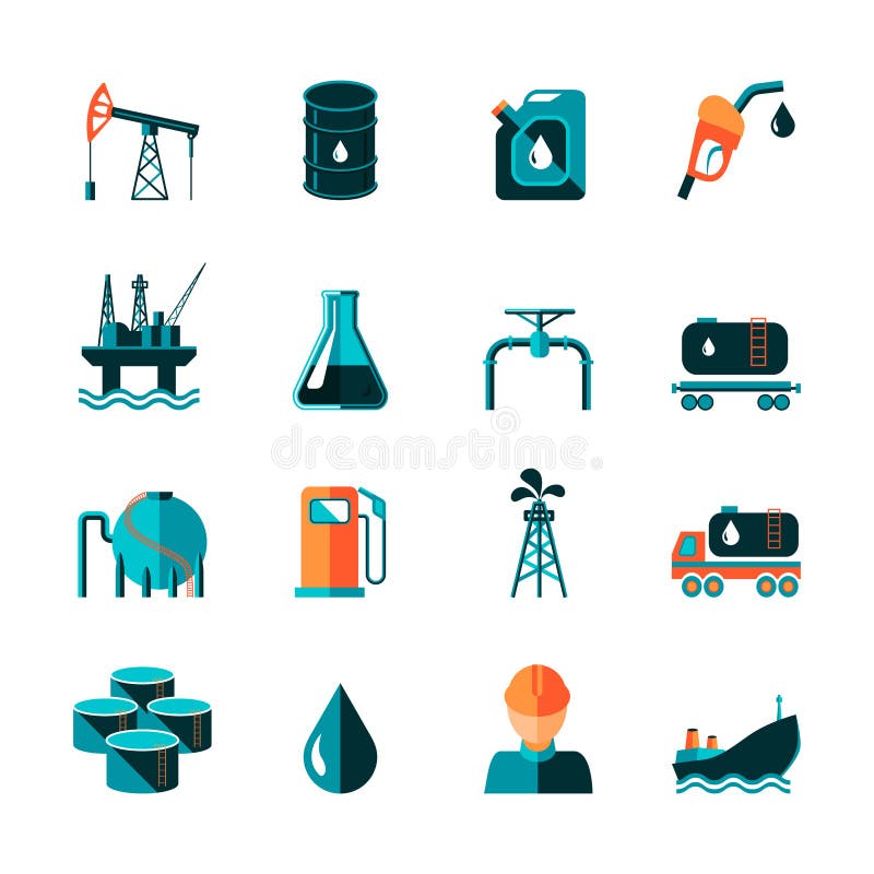 Oil industry gasoline processing symbols icons set in flat style with tanker truck petroleum can and pump isolated vector illustration. Oil industry gasoline processing symbols icons set in flat style with tanker truck petroleum can and pump isolated vector illustration.