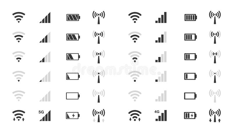 De pictogrammen van het Wifiniveau, de indicator van de signaalsterkte, batterijlast royalty-vrije illustratie De pictogrammen van het Wifiniveau, de indicator van de signaalsterkte, batterijlast royalty-vrije illustratie