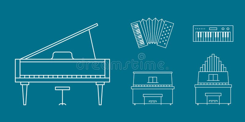 Music instruments Icons set - Vector outline symbols of piano, accordion, bayan and synthesizer for the site or interface. Music instruments Icons set - Vector outline symbols of piano, accordion, bayan and synthesizer for the site or interface