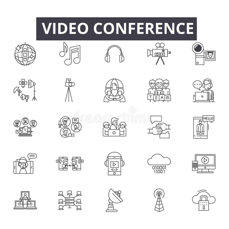De pictogrammen van de videoconferentielijn, tekens, vectorreeks, het concept van de overzichtsillustratie stock illustratie De pictogrammen van de videoconferentielijn, tekens, vectorreeks, het concept van de overzichtsillustratie stock illustratie