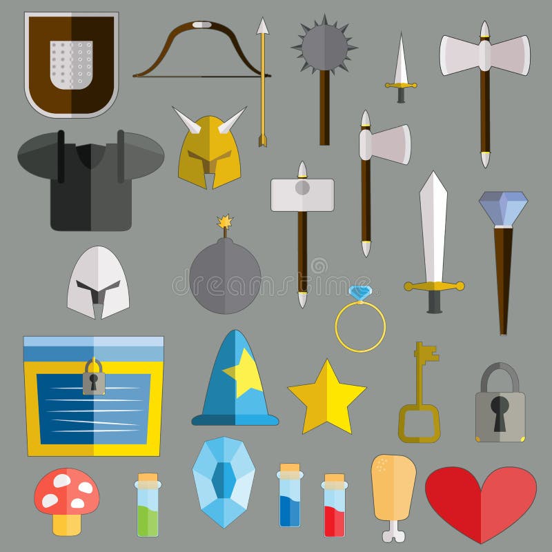 De pictogrammen vlakke reeks van het spelwapen Wapens, magische schilden, rollen stock illustratie De pictogrammen vlakke reeks van het spelwapen Wapens, magische schilden, rollen stock illustratie