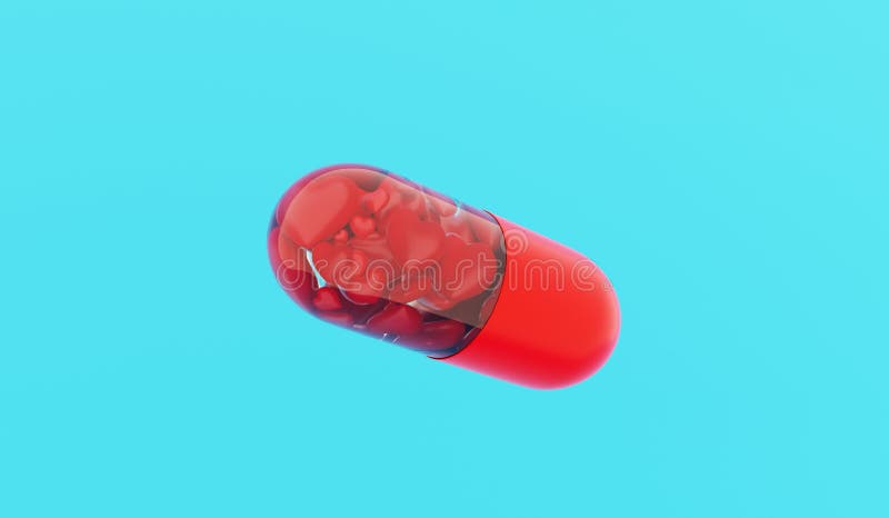 De Pil van de liefde Liefdetablet ?apsule met harten op blauwe achtergrond het 3d teruggeven royalty-vrije illustratie De Pil van de liefde Liefdetablet ?apsule met harten op blauwe achtergrond het 3d teruggeven royalty-vrije illustratie