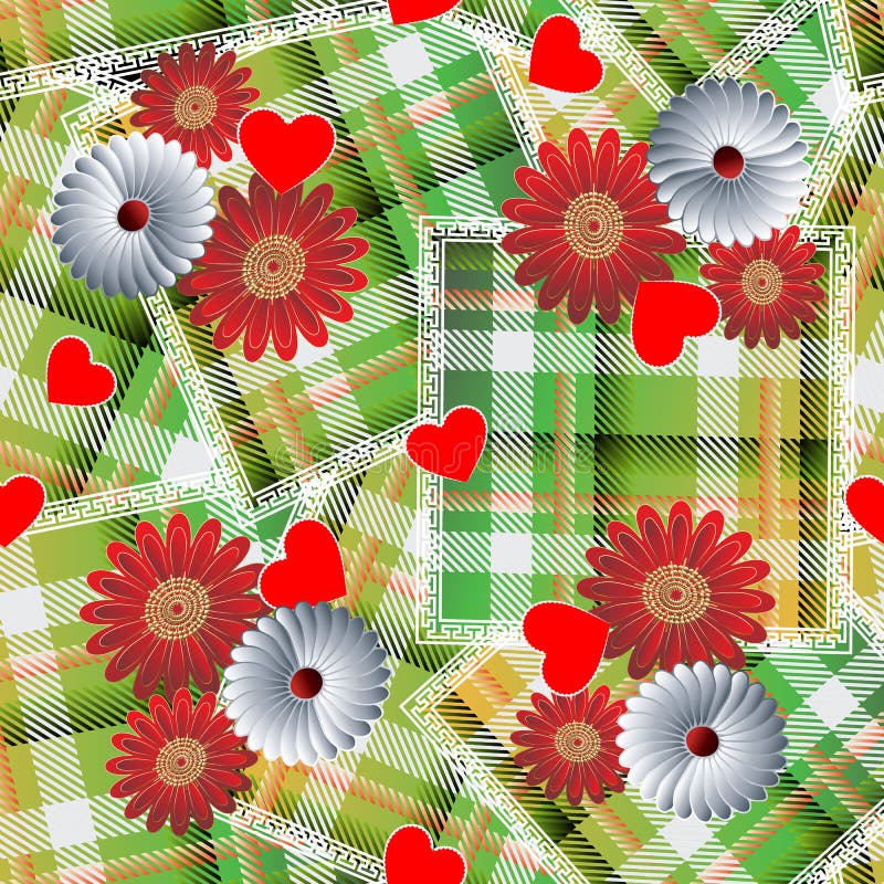 De plaid naadloos patroon van het lapwerkgeruite schots wollen stof Gestreepte BloemenAchtergrond Geometrisch herhaal controlesac stock illustratie De plaid naadloos patroon van het lapwerkgeruite schots wollen stof Gestreepte BloemenAchtergrond Geometrisch herhaal controlesac stock illustratie