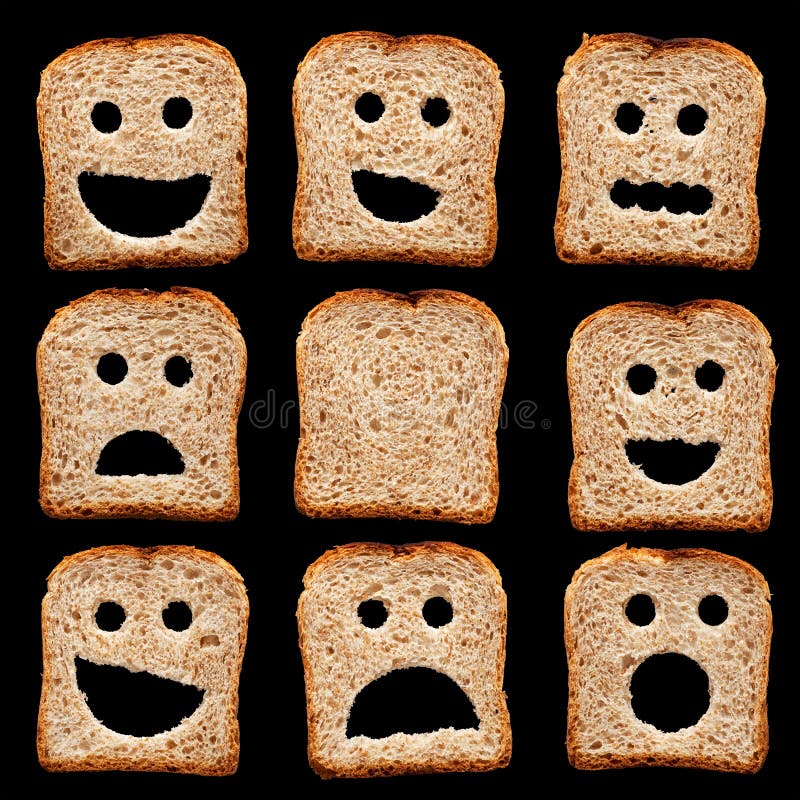 Bread slices with happy sad and other facial expressions - isolated on black. Bread slices with happy sad and other facial expressions - isolated on black