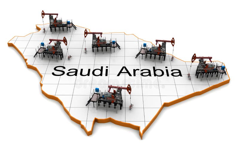 Oil pump-jacks on a map of Saudi Arabia. 3d rendering. Oil pump-jacks on a map of Saudi Arabia. 3d rendering