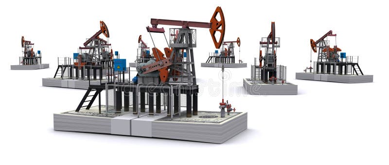Oil pump-jacks stands on a packs of dollars. 3d rendering. Oil pump-jacks stands on a packs of dollars. 3d rendering