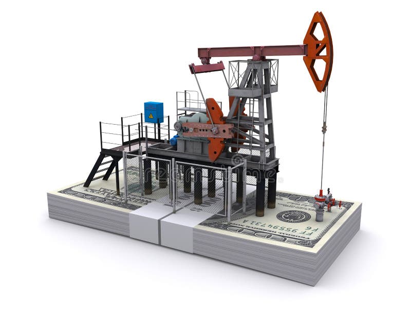 Oil pump-jack stands on a pack of dollars. 3d rendering. Oil pump-jack stands on a pack of dollars. 3d rendering