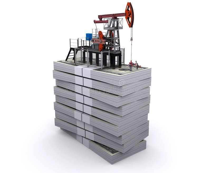 Oil pump-jack stands on a packs of dollars. 3d rendering. Oil pump-jack stands on a packs of dollars. 3d rendering