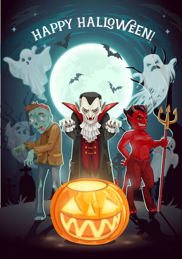 De pompoen, de vampier en de duivelsspoken van Halloween vector illustratie De pompoen, de vampier en de duivelsspoken van Halloween vector illustratie