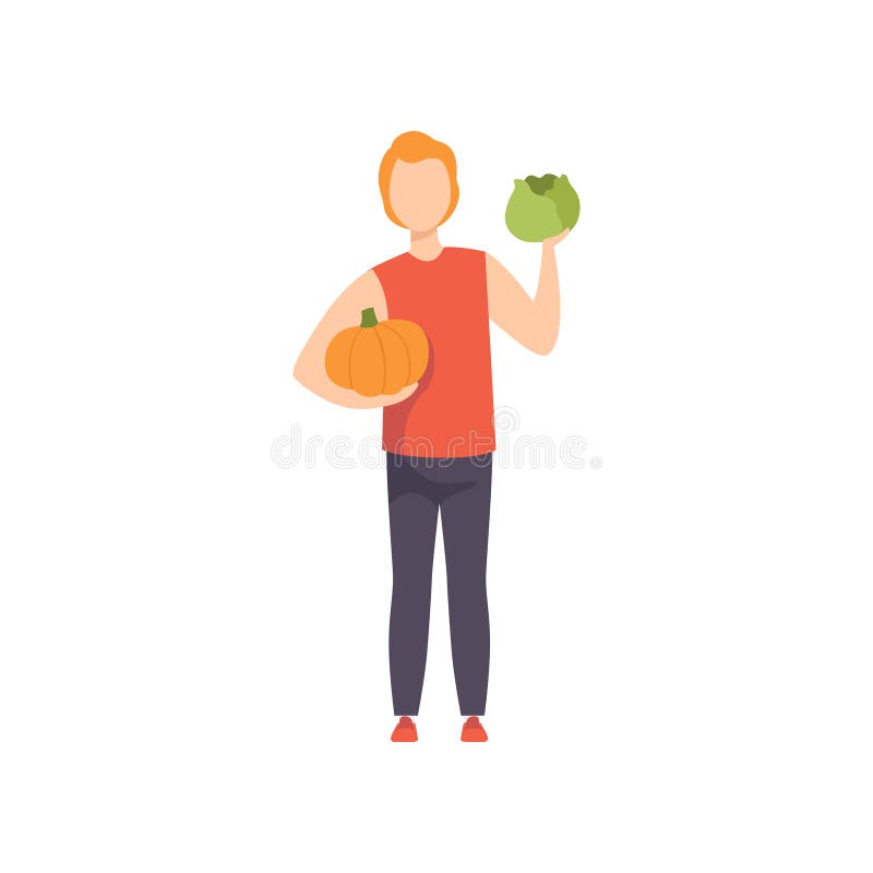 De pompoen van de jonge mensenholding en kool, kerel het doen die bij de vectorillustratie van de kruidenierswinkelwinkel op een royalty-vrije illustratie De pompoen van de jonge mensenholding en kool, kerel het doen die bij de vectorillustratie van de kruidenierswinkelwinkel op een royalty-vrije illustratie