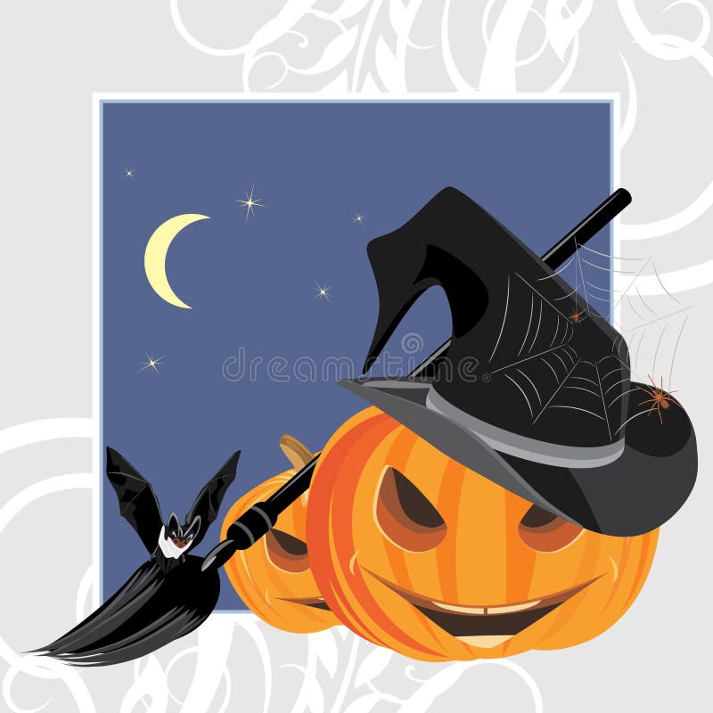 De pompoenen, de knuppel en de spinnen van Halloween. Het frame van de vakantie vector illustratie De pompoenen, de knuppel en de spinnen van Halloween. Het frame van de vakantie vector illustratie