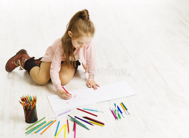 Kid Girl Drawing Color Pencils, Artistic Child Education, Painting on White Floor. Kid Girl Drawing Color Pencils, Artistic Child Education, Painting on White Floor