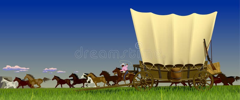De prairielandschap van Wilde Westennen met behandelde wagen en troep van hors vector illustratie De prairielandschap van Wilde Westennen met behandelde wagen en troep van hors vector illustratie