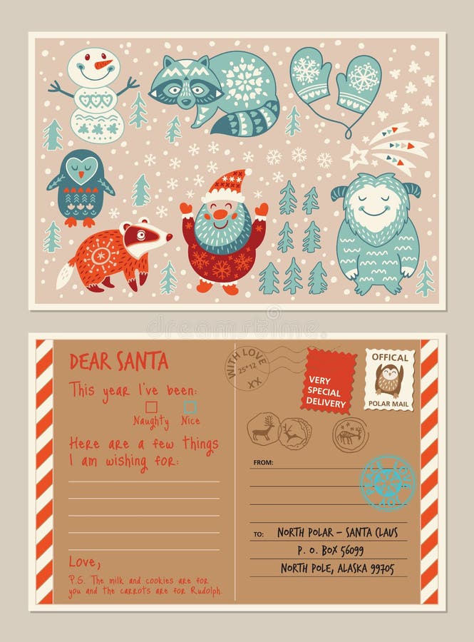 De prentbriefkaar en de envelop van de Kerstmisvakantie met leuke zegels vector illustratie De prentbriefkaar en de envelop van de Kerstmisvakantie met leuke zegels vector illustratie