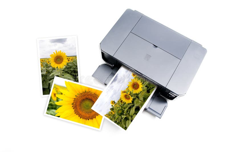 Color printer with color photos on white background. Color printer with color photos on white background