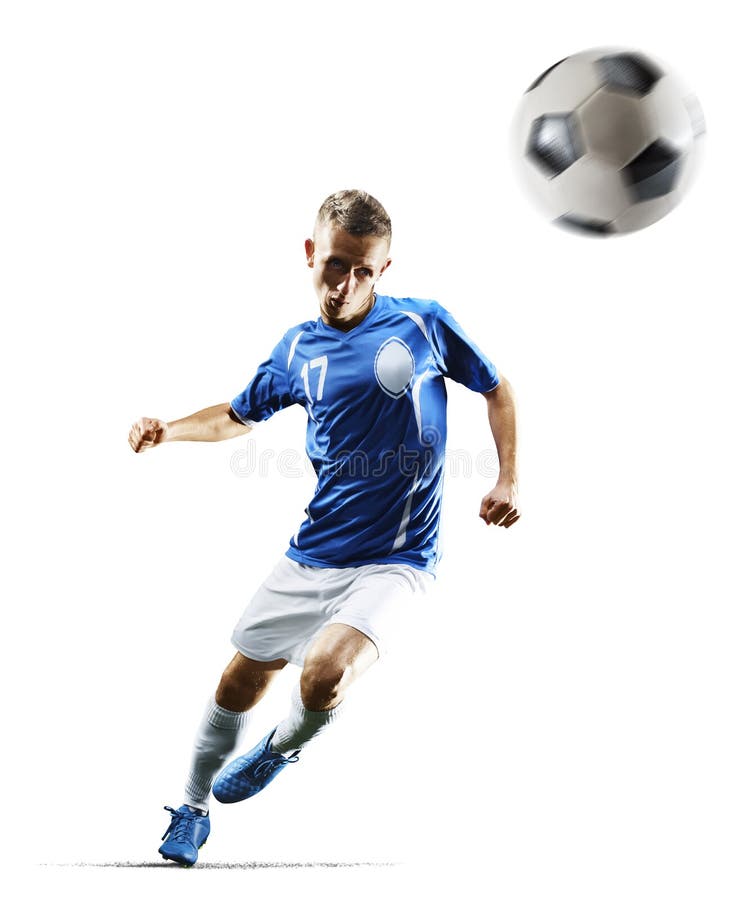 De professionele voetbalvoetballer in actie isoleerde witte achtergrond stock afbeeldingen De professionele voetbalvoetballer in actie isoleerde witte achtergrond stock afbeeldingen