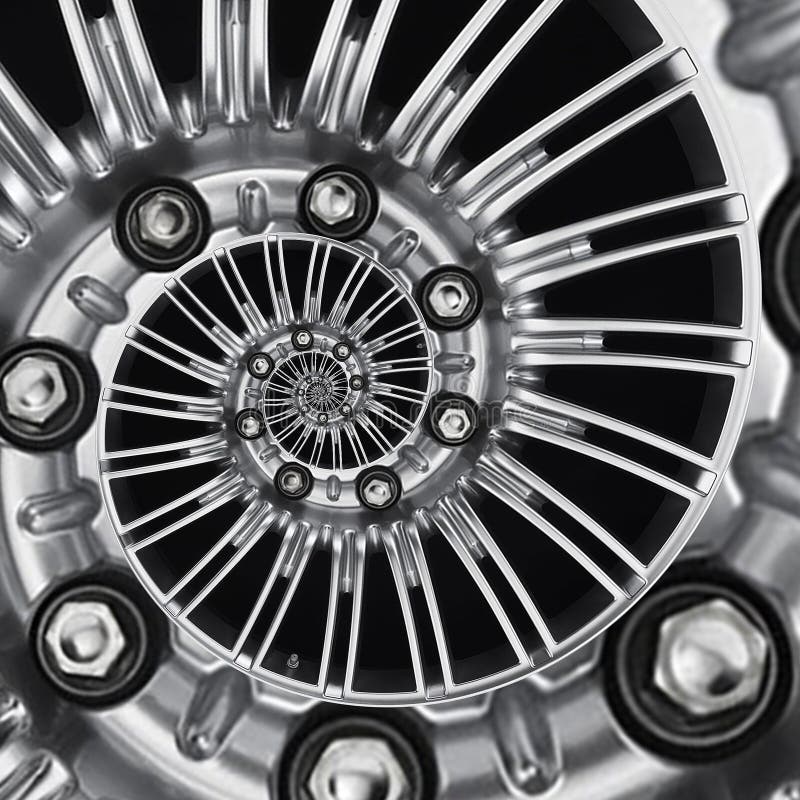 De rand spiraalvormige abstracte metaalfractal van het auto automobiele wiel achtergrond Zilveren hexuitdraainoten, wiel spokes s stock foto De rand spiraalvormige abstracte metaalfractal van het auto automobiele wiel achtergrond Zilveren hexuitdraainoten, wiel spokes s stock foto
