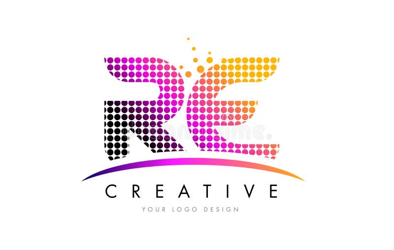 De RE Brief Logo Design van R E met Magenta Punten en Swoosh