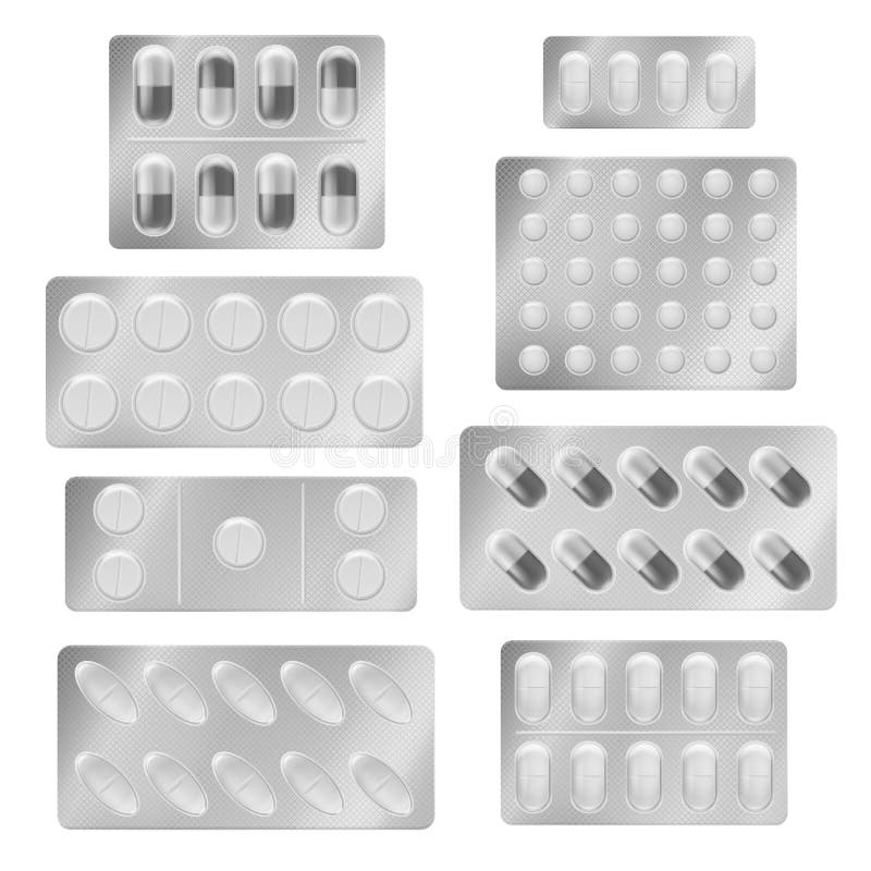 De realistische pillen van blaarpakken Van de pijnstillerdrugs van medische tabletcapsules de vitamine antibiotisch aspirin Genee royalty-vrije illustratie De realistische pillen van blaarpakken Van de pijnstillerdrugs van medische tabletcapsules de vitamine antibiotisch aspirin Genee royalty-vrije illustratie